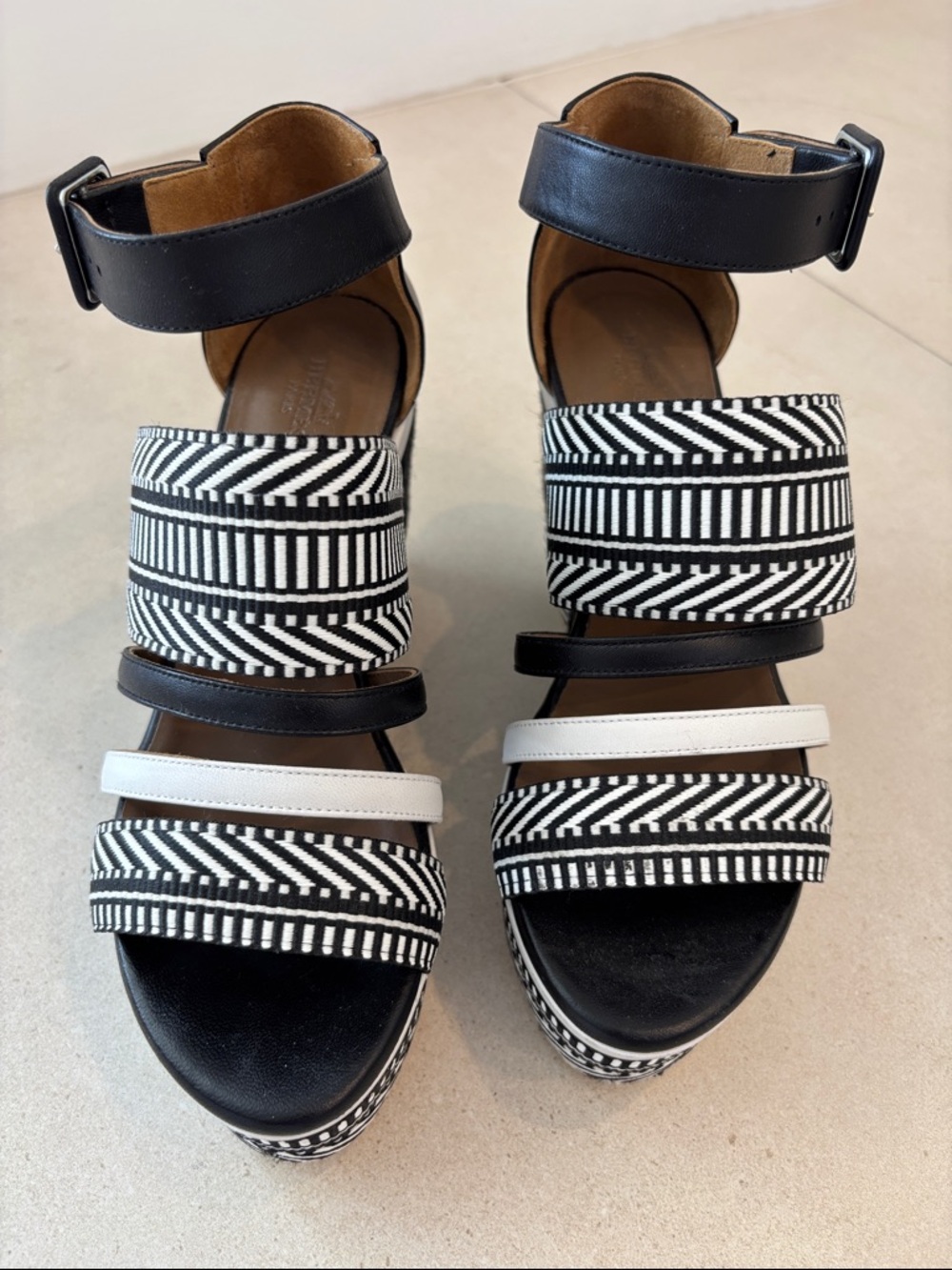 Hermes Black & White Geometric Platform Sandals